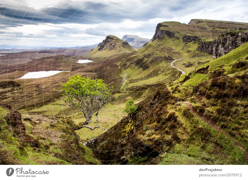 View from the Quiraing on Isle of Skye IV Clouds Ledge coast Lakeside River bank Summer Landscape Rock Bay Plant Fjord Island Scotland Europe Exterior shot