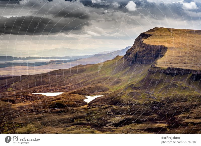 View from the Quiraing on Isle of Skye II Clouds Ledge coast Lakeside River bank Summer Landscape Rock Bay Plant Fjord Island Scotland Europe Exterior shot