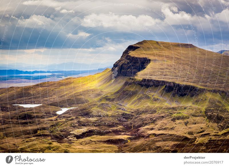 View from the Quiraing on Isle of Skye VII Clouds Ledge coast Lakeside River bank Summer Landscape Rock Bay Plant Fjord Island Scotland Europe Exterior shot