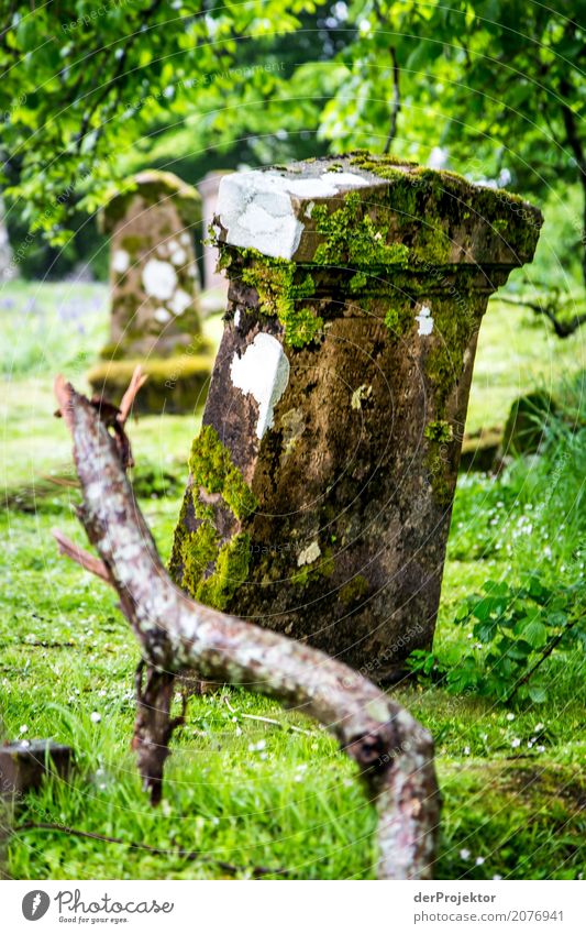 Gravestone on cemetery on the Isle of Skye II Ruin Crucifix Peace Cemetery Central perspective Copy Space middle Great Britain Tourism Vacation & Travel Hiking