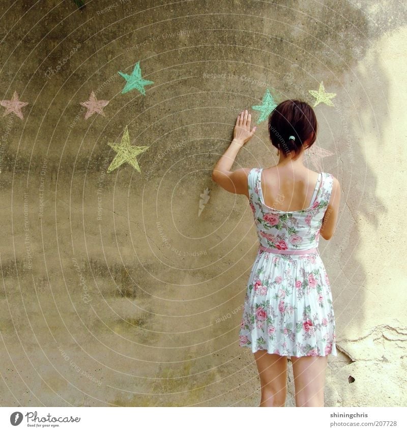 paint stars. Leisure and hobbies Feminine Young woman Youth (Young adults) 1 Human being 18 - 30 years Adults Art Summer Fashion Dress Sign Star (Symbol) Touch