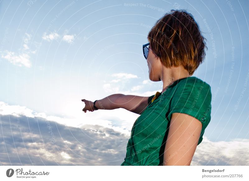 directions Beautiful Summer Success Human being Young woman Youth (Young adults) Hand Fingers 1 Sky Clouds Beautiful weather Sunglasses Hair and hairstyles