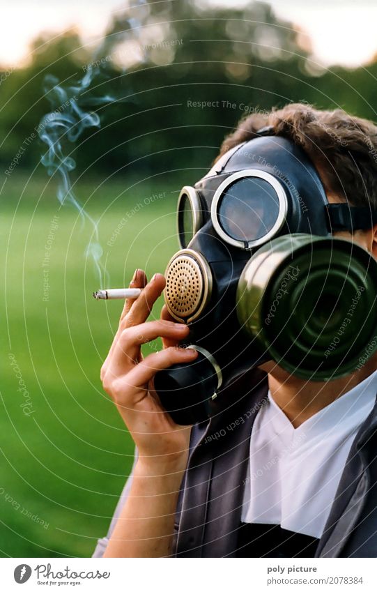 Smoker with gas mask and cigarette Style Health care Smoking Intoxicant Medication Human being Masculine Young man Youth (Young adults) Man Adults Life