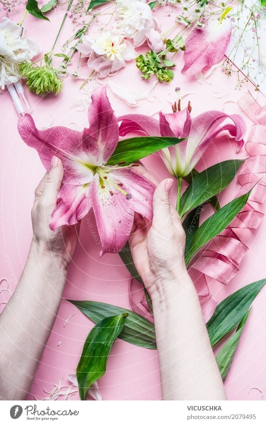 Female hands hold beautiful large pink lily flowers Lifestyle Style Design Leisure and hobbies Decoration Table Feasts & Celebrations Valentine's Day