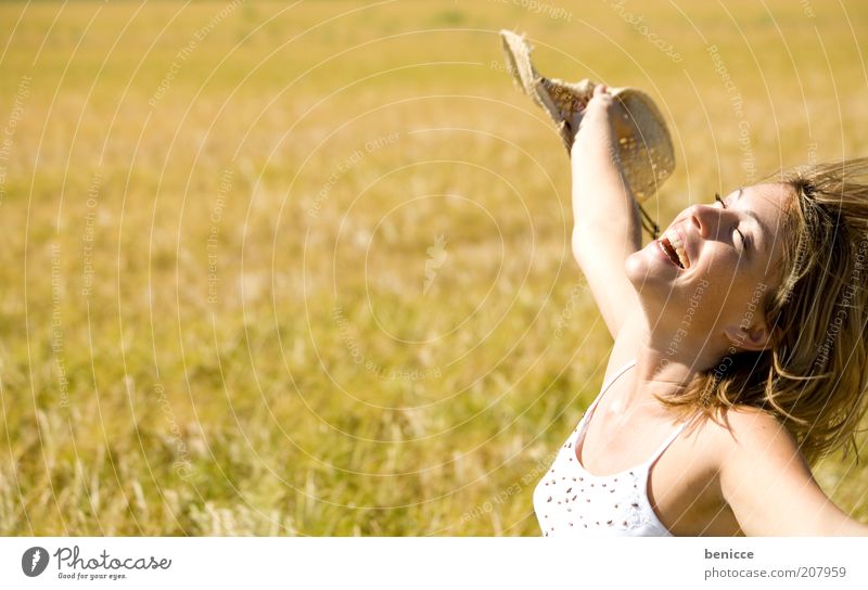 freee Woman Human being Free Freedom Laughter Smiling Joy Summer Autumn Weather protection Field Wheatfield Nature Hat To enjoy Relaxation Salvation Relief