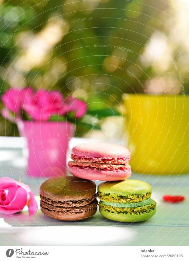 Three multicolored macaroons Food Cake Dessert Cup Table Flower Wood Bright Multicoloured Yellow Green Pink White Macaron biscuit rose Tasty sunny vintage