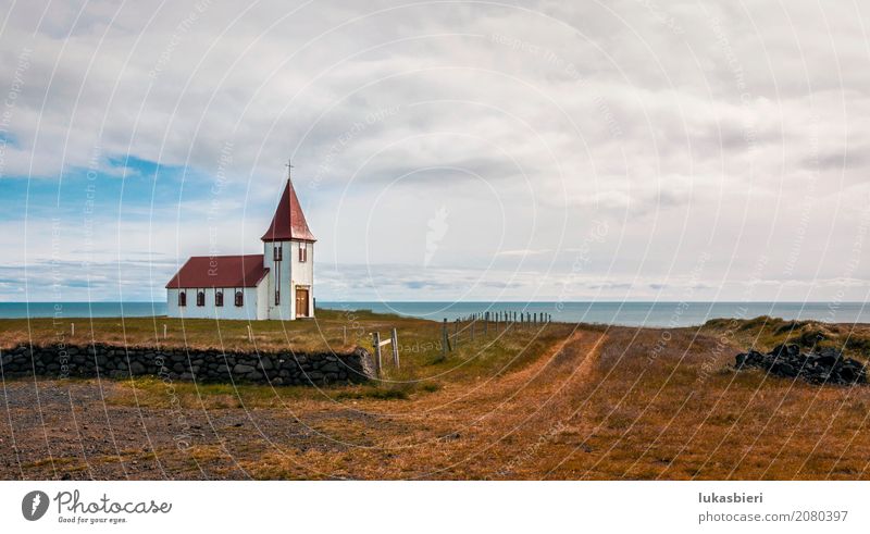 Remote church by the sea in Iceland Environment Nature Landscape Plant Sky Clouds Summer Autumn Grass Field Emotions Moody Power To console Belief Loneliness
