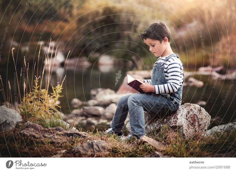 Child sitting reading a book in the field Lifestyle Leisure and hobbies Reading Education Study Human being Masculine Toddler Boy (child) Infancy 1 3 - 8 years