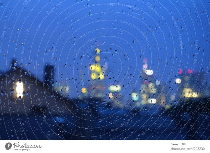 rainy look Autumn Bad weather Gale Rain Frankfurt Skyline High-rise Bank building Cold Wet Town Blue Yellow Emotions Moody Homesickness Drops of water Empty