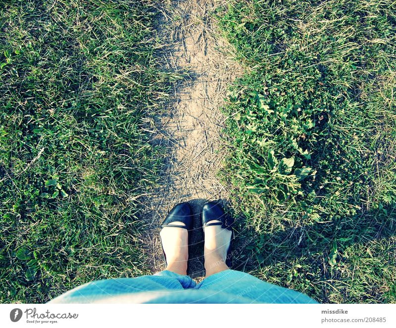 Walk The Line Feminine Girl Life Feet 1 Human being Earth Summer Beautiful weather Grass Meadow Pedestrian Jeans Footwear Lanes & trails Vacation & Travel Green