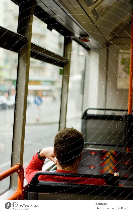 lonely drive Bus Driving Passenger Town Means of transport Man Human being Window pane Slice Loneliness Single Vienna Austria Tram Transport Vacation & Travel