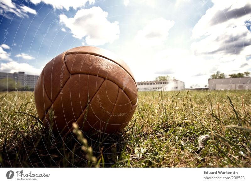 football summer Leisure and hobbies Ball sports Soccer Sporting Complex Football pitch Bright Foot ball Lawn Sky Clouds Beautiful weather Brown Leather Grass