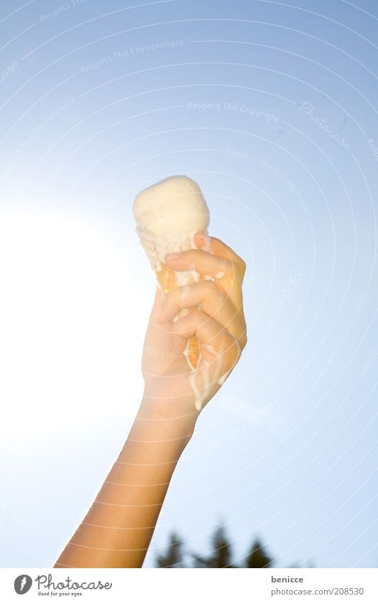 Global Warming Human being Hand Ice Ice cream Ice-cream cone Warmth Hot Summer heat wave Nutrition Eating Candy Sweet To hold on Melt Molten Sky Isolated Image