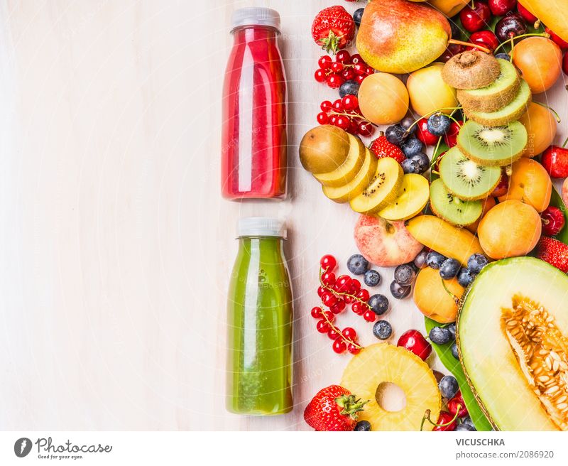 Smoothies bottles with summer fruits Food Fruit Nutrition Organic produce Vegetarian diet Diet Beverage Cold drink Lemonade Juice Shopping Style Design Healthy
