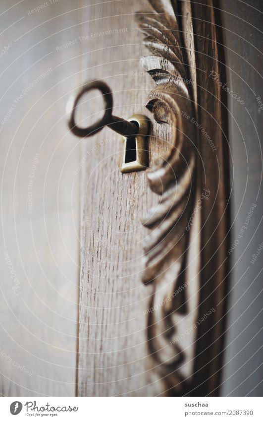 under lock Key Keyhole Wood Wooden door Closed Hide Safety Mysterious Curiosity Bans Closure wood ornament Carving living room cupboard Wardrobe door