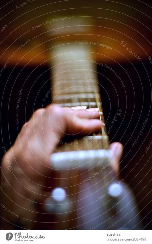 Make music again Guitar Guitar neck Guitar string Hand Fingers sound body Music Sound Musician Compose Rock music Pop music Song Listening feel Acoustic