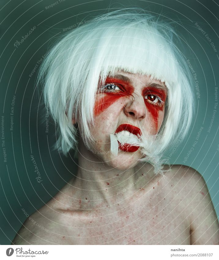Artistic portrait of a young wild woman Make-up Lipstick Carnival Hallowe'en Human being Androgynous Youth (Young adults) 1 18 - 30 years Adults White-haired