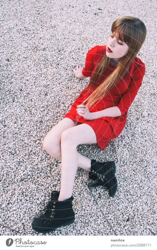 Young blonde woman wearing a red dress Elegant Style Human being Feminine Young woman Youth (Young adults) 1 18 - 30 years Adults Fashion Dress Boots