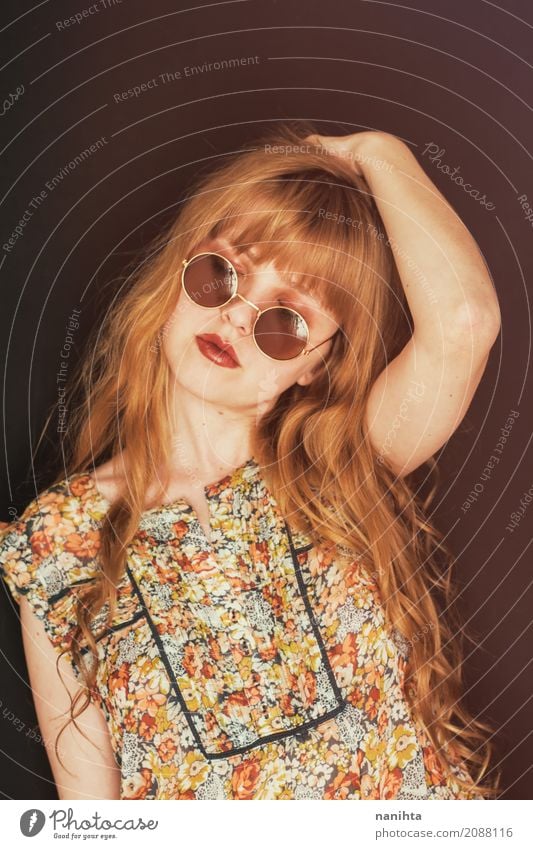 Young blonde woman wearing circle sunglasses Human being Feminine Young woman Youth (Young adults) 1 18 - 30 years Adults Fashion Shirt Sunglasses