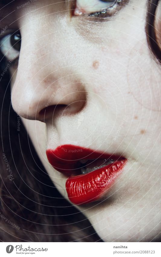 Close up portrait of a mysterious woman Beautiful Skin Lipstick Freckles Human being Feminine Young woman Youth (Young adults) Face 1 18 - 30 years Adults