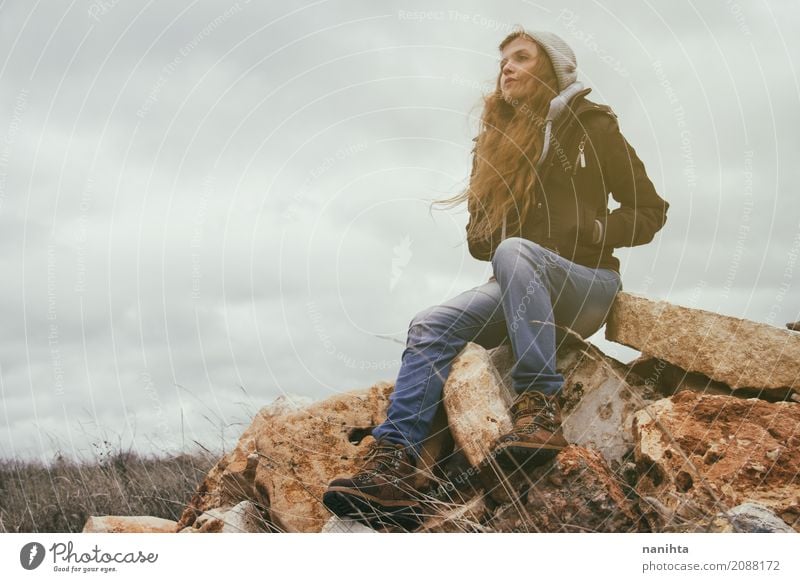 Young blonde woman in a stormy day Lifestyle Wellness Adventure Freedom Expedition Mountain Hiking Human being Feminine Young woman Youth (Young adults) 1