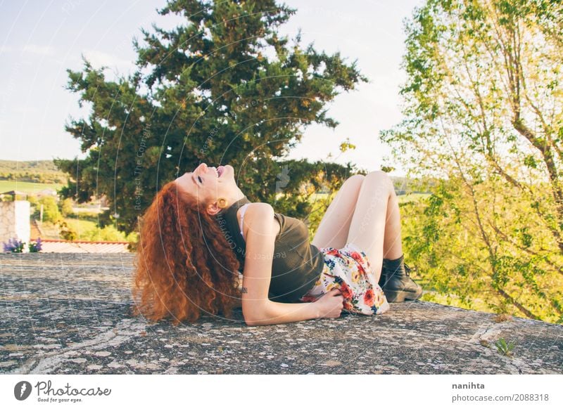 Young and happy redhead woman outdoors Lifestyle Style Joy Wellness Well-being Vacation & Travel Tourism Adventure Freedom Human being Feminine Young woman