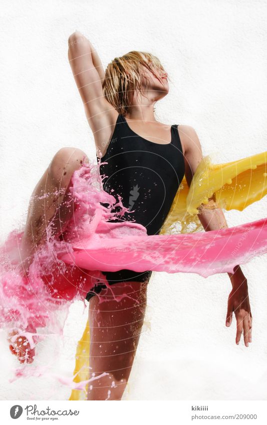 colored Feminine Young woman Youth (Young adults) 1 Human being Dance Bikini Swimsuit Blonde Short-haired Water Drop Movement Jump Healthy Fluid Wet Yellow Pink