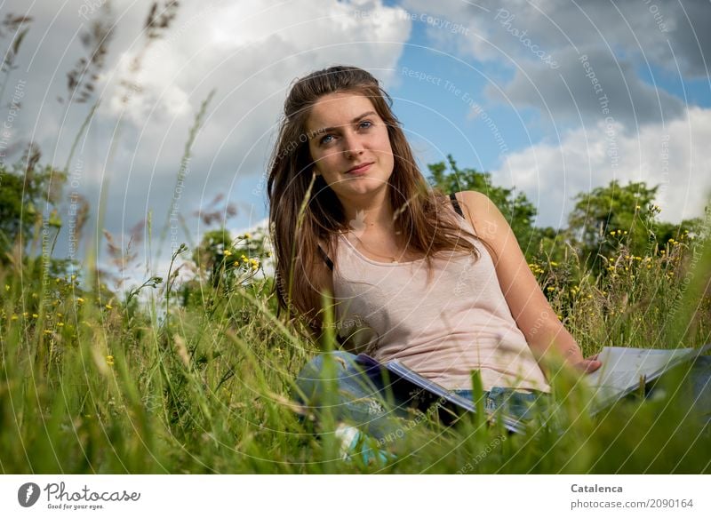 Learning in the tall grass in the meadow Study Feminine Young woman Youth (Young adults) 18 - 30 years Adults Nature Sky Clouds Summer Beautiful weather Grass
