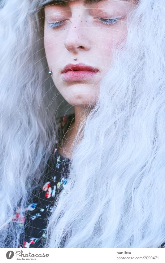 Young beautiful woman with white hair Style Exotic Face Freckles Human being Feminine Young woman Youth (Young adults) 1 18 - 30 years Adults Art Youth culture