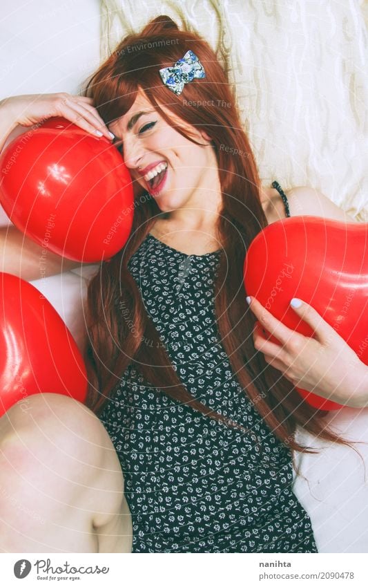 Young redhead and cheerful woman hugging balloons Lifestyle Style Joy Beautiful Wellness Feasts & Celebrations Valentine's Day Human being Feminine Young woman