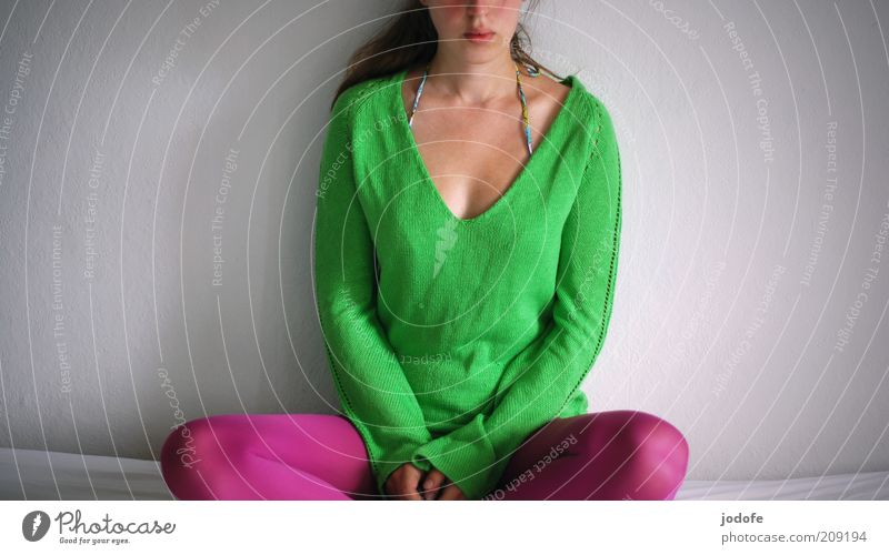 Meditation in colorful Human being Feminine Young woman Youth (Young adults) Woman Adults 1 18 - 30 years Sit Green Pink Grass green Sit Cross Legged Rest Calm