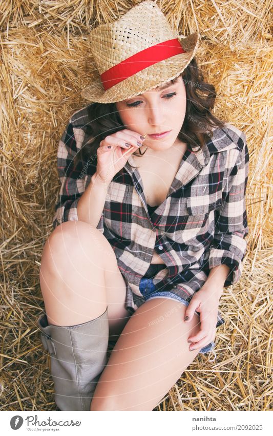 Young cowgirl at summer Lifestyle Style Human being Feminine Young woman Youth (Young adults) 1 18 - 30 years Adults Nature Summer Autumn Agricultural crop
