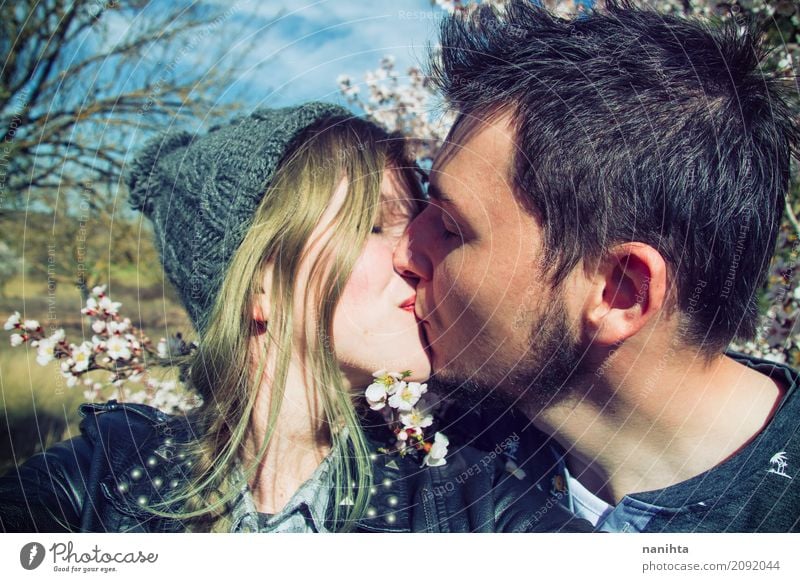 Young hipster couple kissing Lifestyle Wellness Well-being Adventure Summer vacation Sun Human being Masculine Feminine Young woman Youth (Young adults)