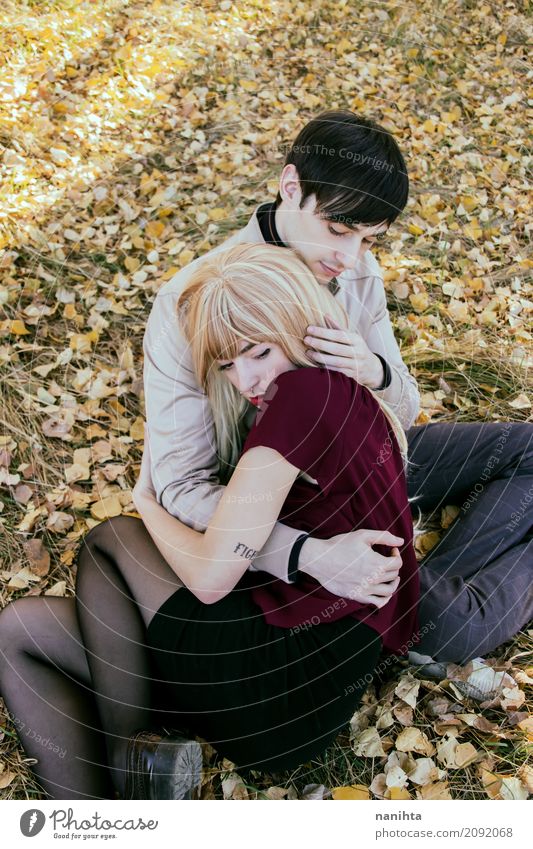 Young couple hugging in a park Lifestyle Elegant Style Relaxation Valentine's Day Human being Masculine Feminine Young woman Youth (Young adults) Young man