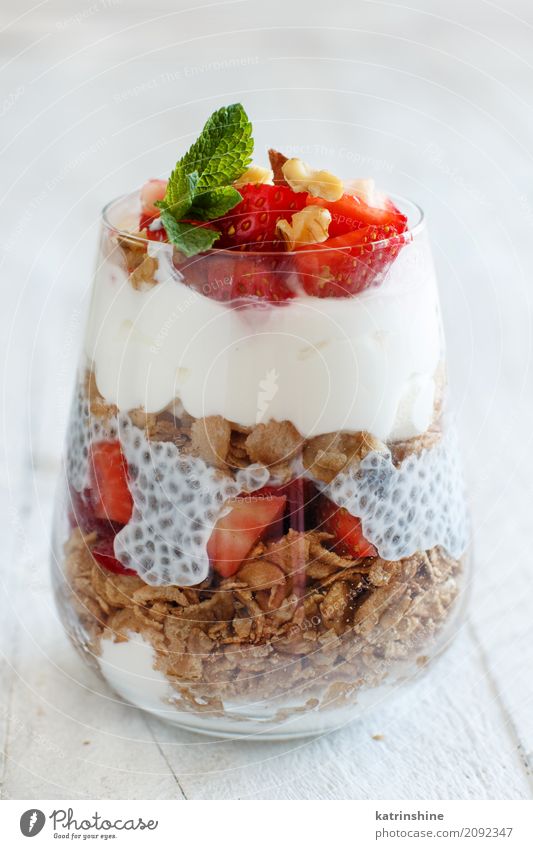 Chia pudding Strawberry parfait with greek yogurt and nuts Yoghurt Fruit Dessert Breakfast Diet Glass Red White Berries Cereal chia Pudding seed Dairy Gourmet