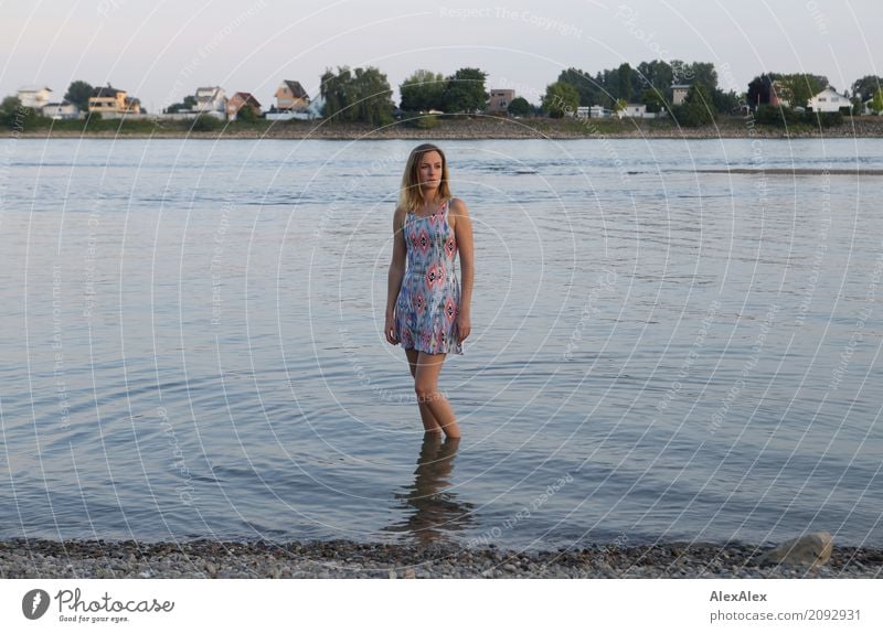 Young woman in a colourful summer dress standing in the Rhine pretty Well-being Relaxation Trip Youth (Young adults) 18 - 30 years Adults Landscape Water