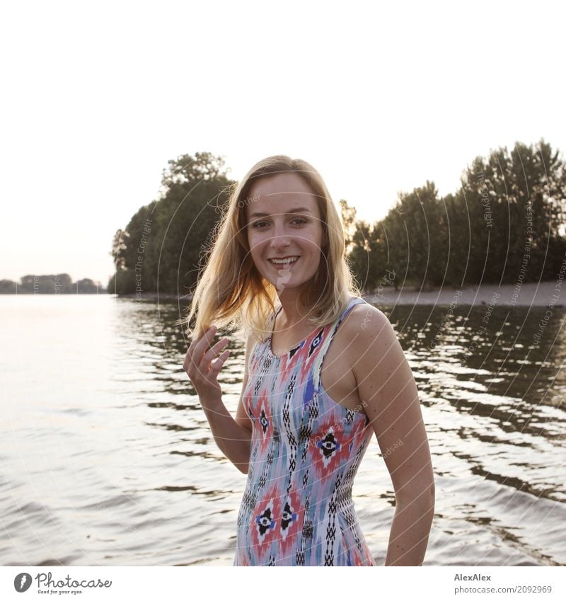 Young woman in summer dress goes to the Rhine Lifestyle Happy pretty Well-being Trip Youth (Young adults) Face 18 - 30 years Adults Environment Landscape Water