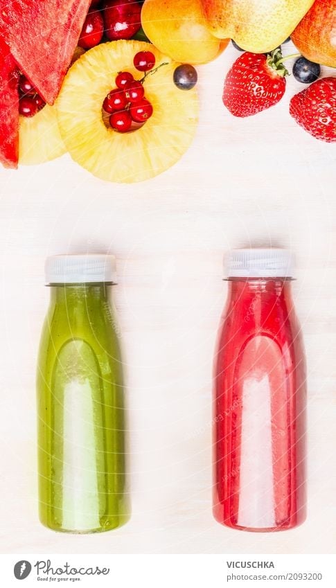 Green and red juice in flashs Food Fruit Apple Nutrition Organic produce Vegetarian diet Diet Beverage Juice Bottle Style Design Healthy Healthy Eating Summer