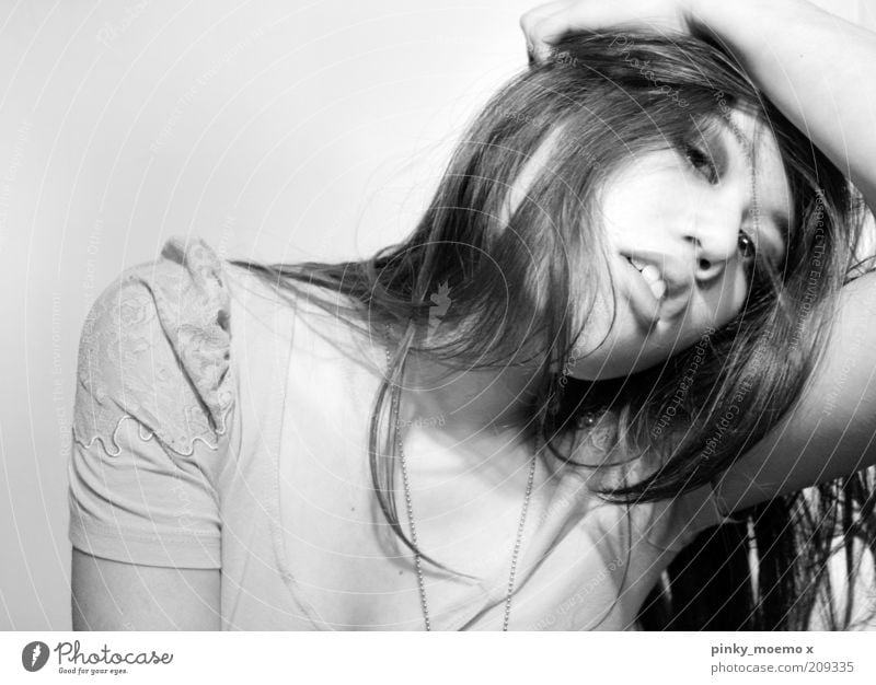 messy Feminine 1 Human being Hair and hairstyles Delicate Smooth Black White desaturated Black & white photo Portrait photograph Upper body Face of a woman
