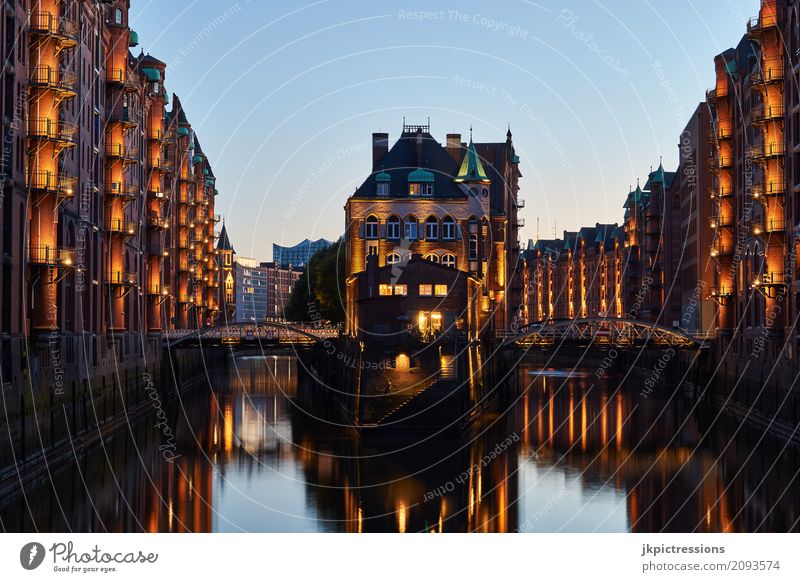 Hamburg moated castle - Speicherstadt at dusk Vacation & Travel Trip Sightseeing City trip Architecture Water Cloudless sky Sunlight Summer Beautiful weather