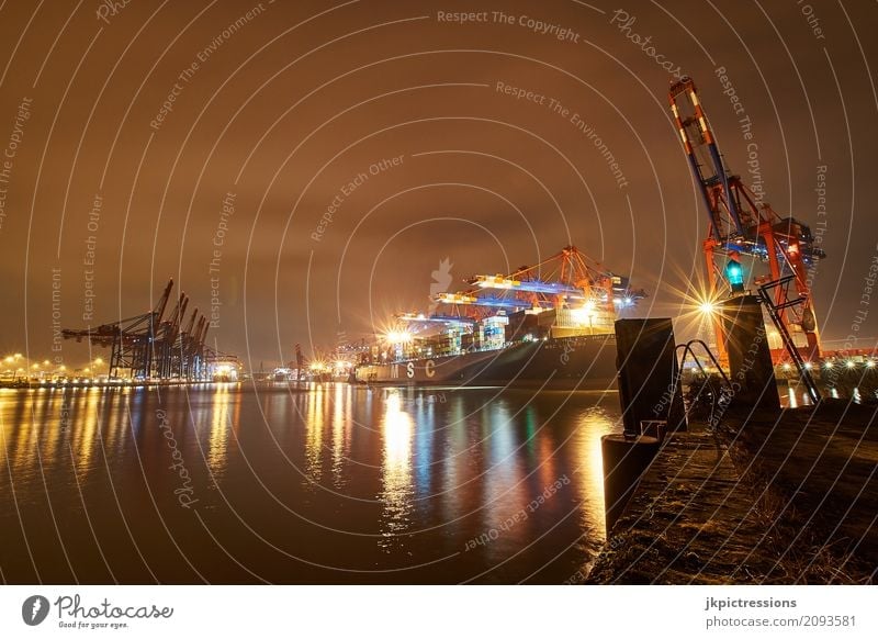Container port Terminal Hamburg in the evening Water Night sky Port City Transport Logistics Navigation Container ship Harbour Work and employment Maritime