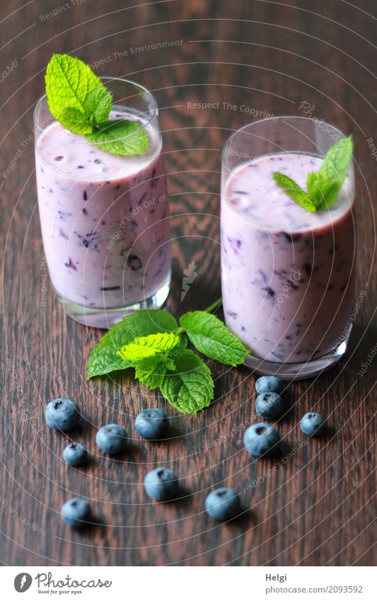 two drinks ... Food Fruit Herbs and spices Blueberry Mint Nutrition Organic produce Beverage Milk Glass Wood Lie Stand Esthetic Fresh Healthy Uniqueness