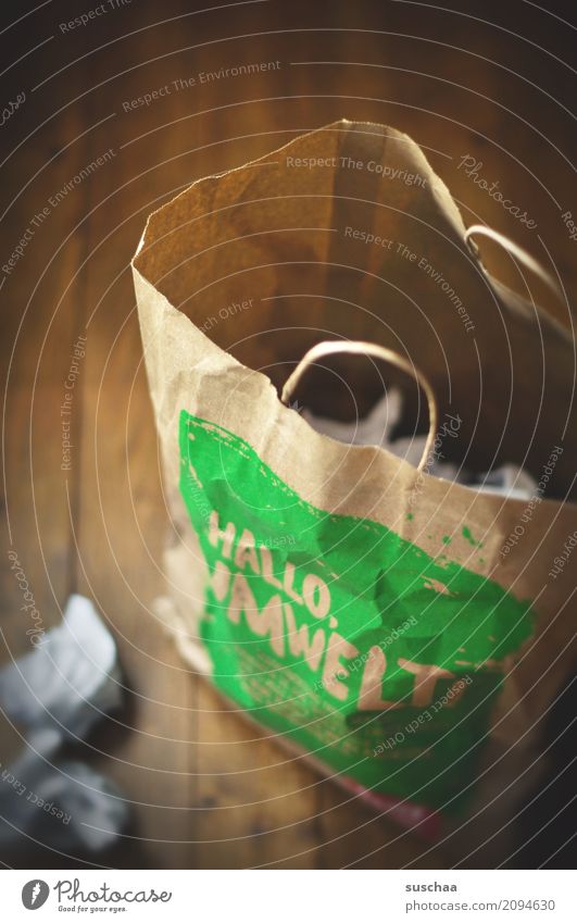 hello garbage Paper Wastepaper basket paper bag Shopping Trash Throw away Household shopping bag Environment environmental awareness wooden floor