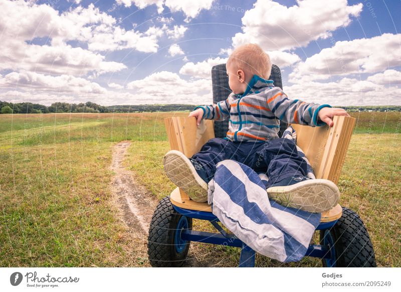 Toddler's sitting in a handcart alone in a field. Emotion. Masculine Infancy 1 Human being 1 - 3 years Nature Sky Clouds Horizon Spring Meadow Field Forest