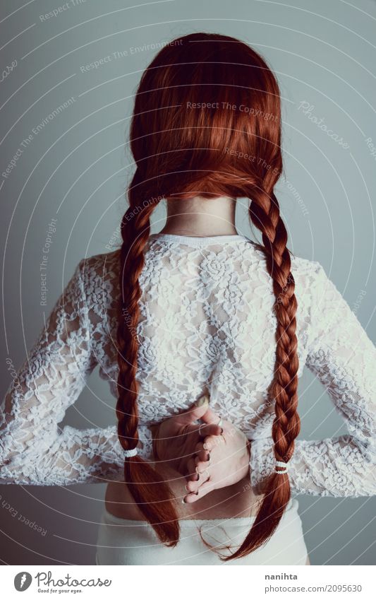 Back view of a young woman with redhead braids Lifestyle Elegant Style Body Hair and hairstyles Human being Feminine Young woman Youth (Young adults) 1