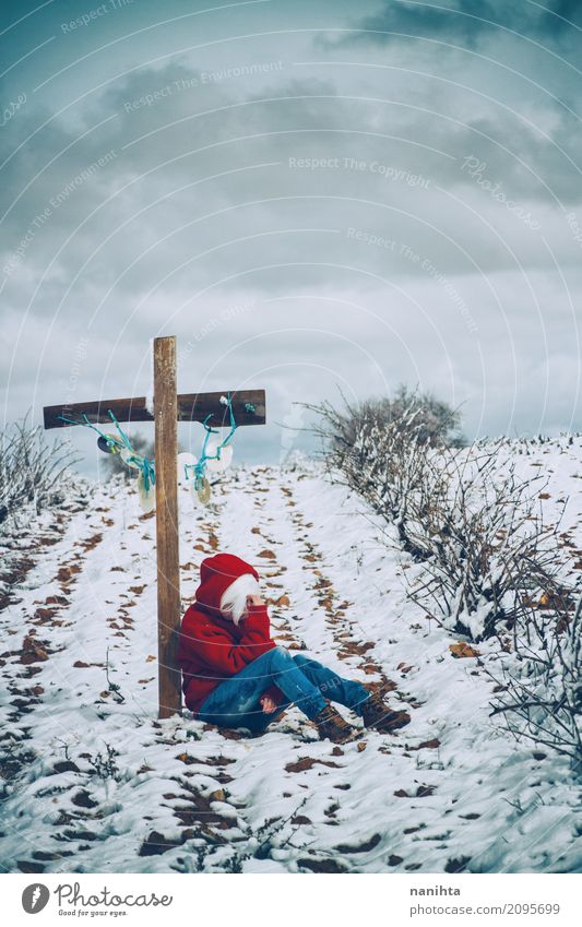 Young woman leaning on a cross in a snowy field Winter Funeral service Human being Feminine Youth (Young adults) Life 1 18 - 30 years Adults Nature Landscape