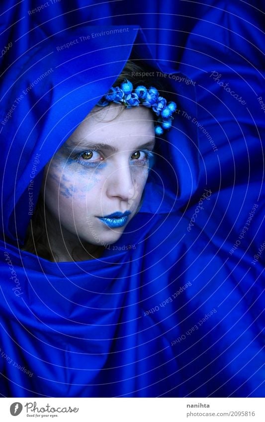 Mysterious blue woman Elegant Style Exotic Beautiful Skin Make-up Carnival Human being Feminine Young woman Youth (Young adults) 1 18 - 30 years Adults Art