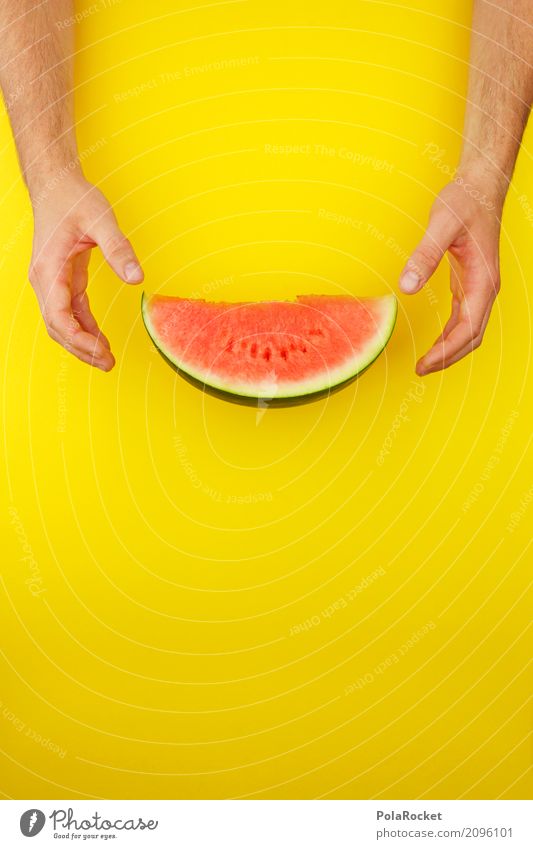 #AS# Melon red on yellow Art Esthetic Derby Melone slice Part To hold on Desire Appetite Delicious Red Yellow Flashy Gaudy Creativity Break Summer Colour photo