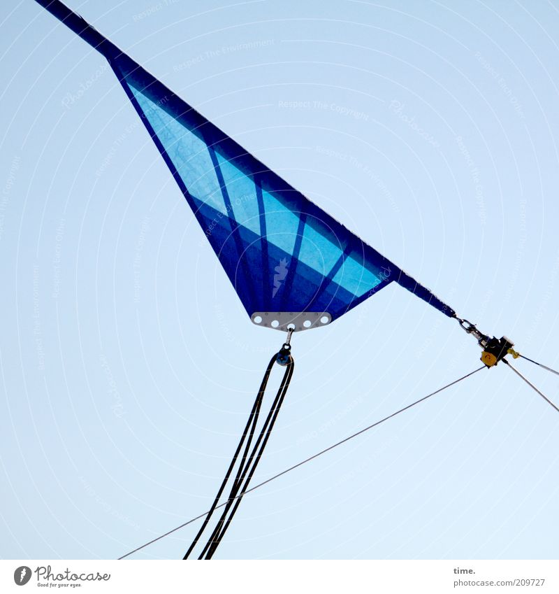 Triangle (III) Rope Sky Sailboat Blue Checkmark Eyelet Fastening Diagonal Splay distended Tense Objective Function furling sail furling jib Exterior shot