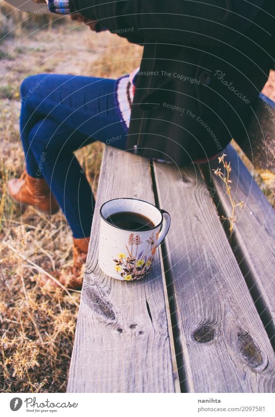 Autumn coffee over a wooden bench Hot drink Coffee Tea Lifestyle Style Joy Body Healthy Wellness Harmonious Well-being Senses Calm Fragrance Vacation & Travel